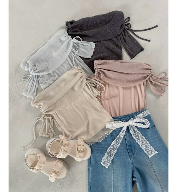  「&infin;ラメチュールオフショル半袖トップス」|Tシャツ・カットソー|