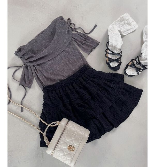  「&infin;ラメチュールオフショル半袖トップス」|Tシャツ・カットソー|