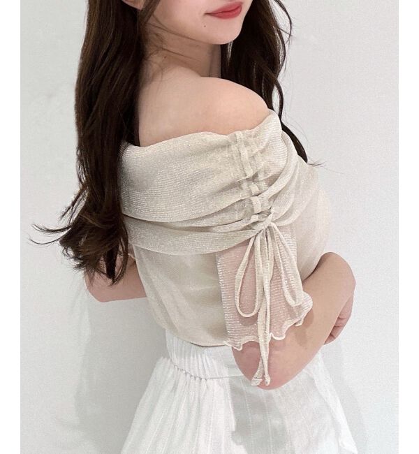  「&infin;ラメチュールオフショル半袖トップス」|Tシャツ・カットソー|
