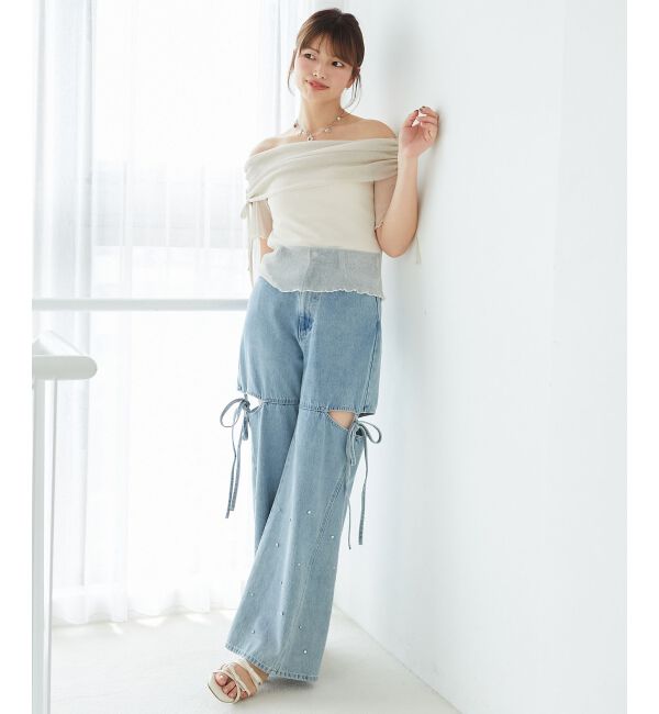  「&infin;ラメチュールオフショル半袖トップス」|Tシャツ・カットソー|