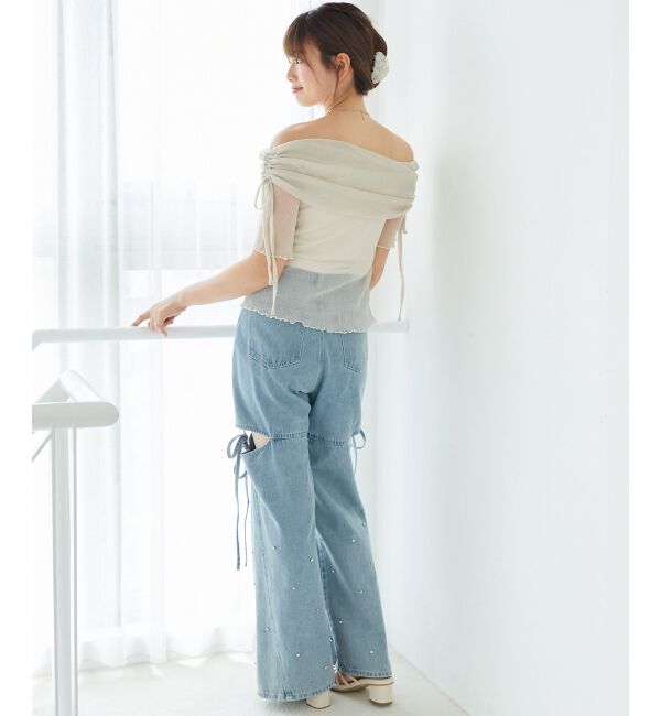  「&infin;ラメチュールオフショル半袖トップス」|Tシャツ・カットソー|