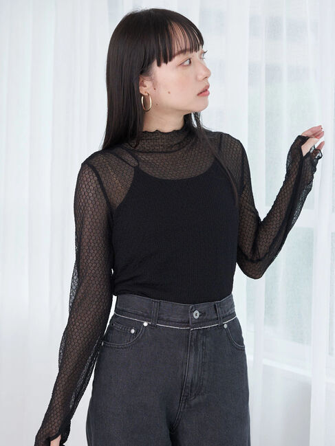 earth music&ecology「格子柄レースプルオーバー」|Tシャツ・カットソー|ブラック