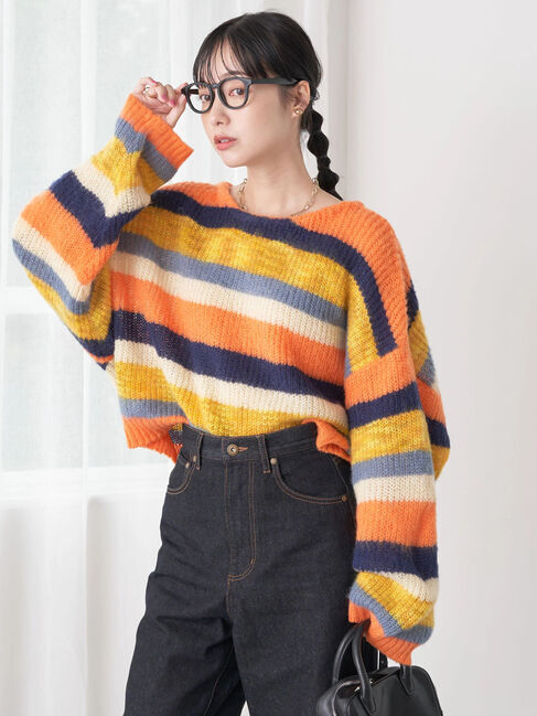 earth music&ecology「ヘアリーボーダーニットプルオーバー」|ニット・セーター|イエロー