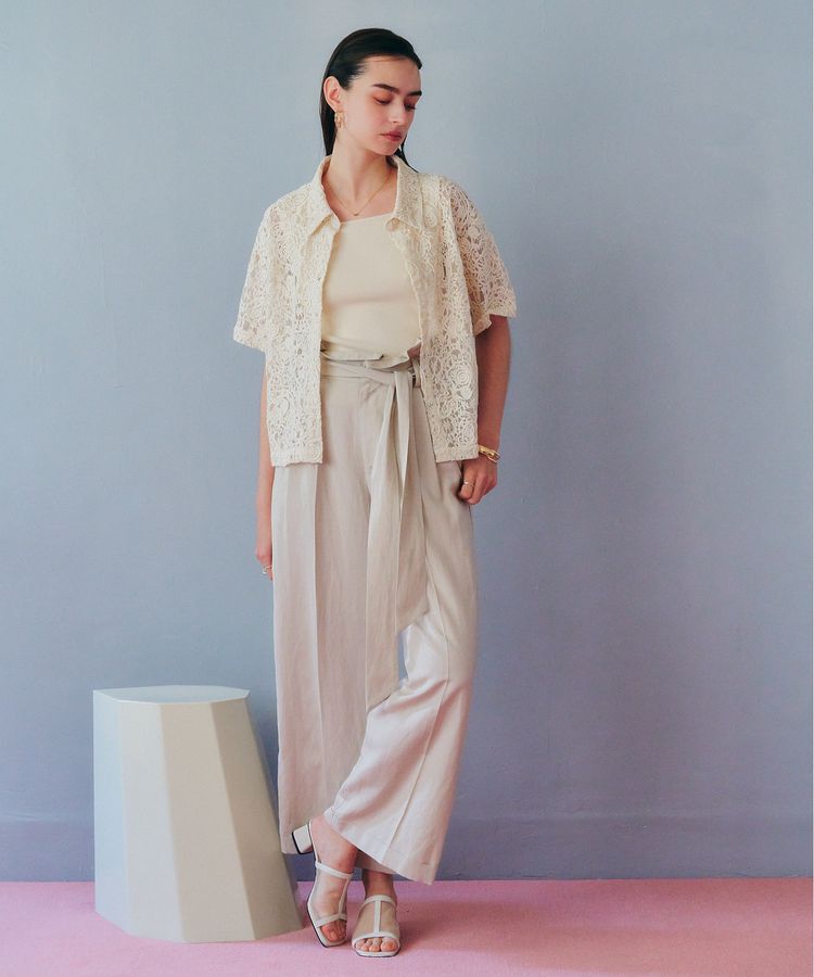 YECCA VECCA「ベルテッドリネン混ワイドパンツ」|その他|Light beige