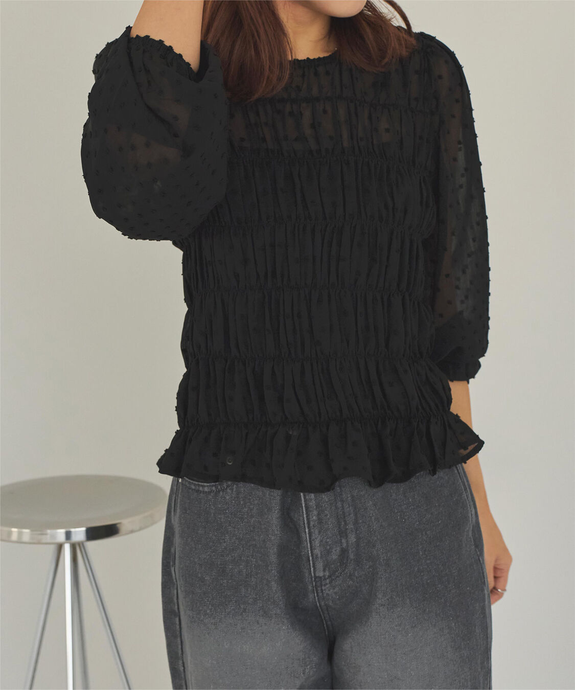 titivate「シアー楊柳ぽこぽこシャーリングトップス」|シャツ・ブラウス|