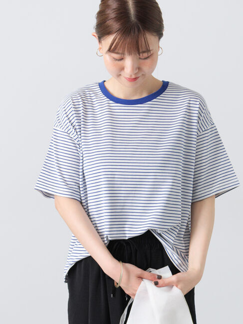 Lugnoncure「【接触冷感】細ボーダーTシャツ」|Tシャツ・カットソー|ブルー