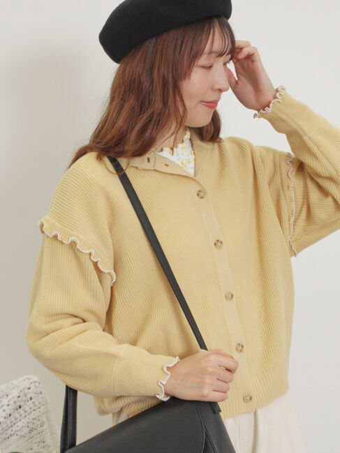 Samansa Mos2「配色メロー畦編みニットカーディガン」|カーディガン|イエロー