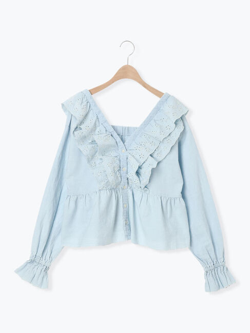 Samansa Mos2「デニムスカラップ刺繍フリル2WAYブラウス」|シャツ・ブラウス|サックスブルー