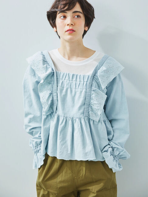 Samansa Mos2「デニムスカラップ刺繍フリル2WAYブラウス」|シャツ・ブラウス|