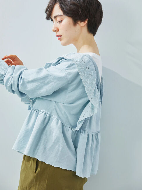 Samansa Mos2「デニムスカラップ刺繍フリル2WAYブラウス」|シャツ・ブラウス|