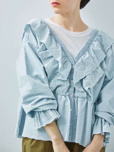 Samansa Mos2「デニムスカラップ刺繍フリル2WAYブラウス」|シャツ・ブラウス|