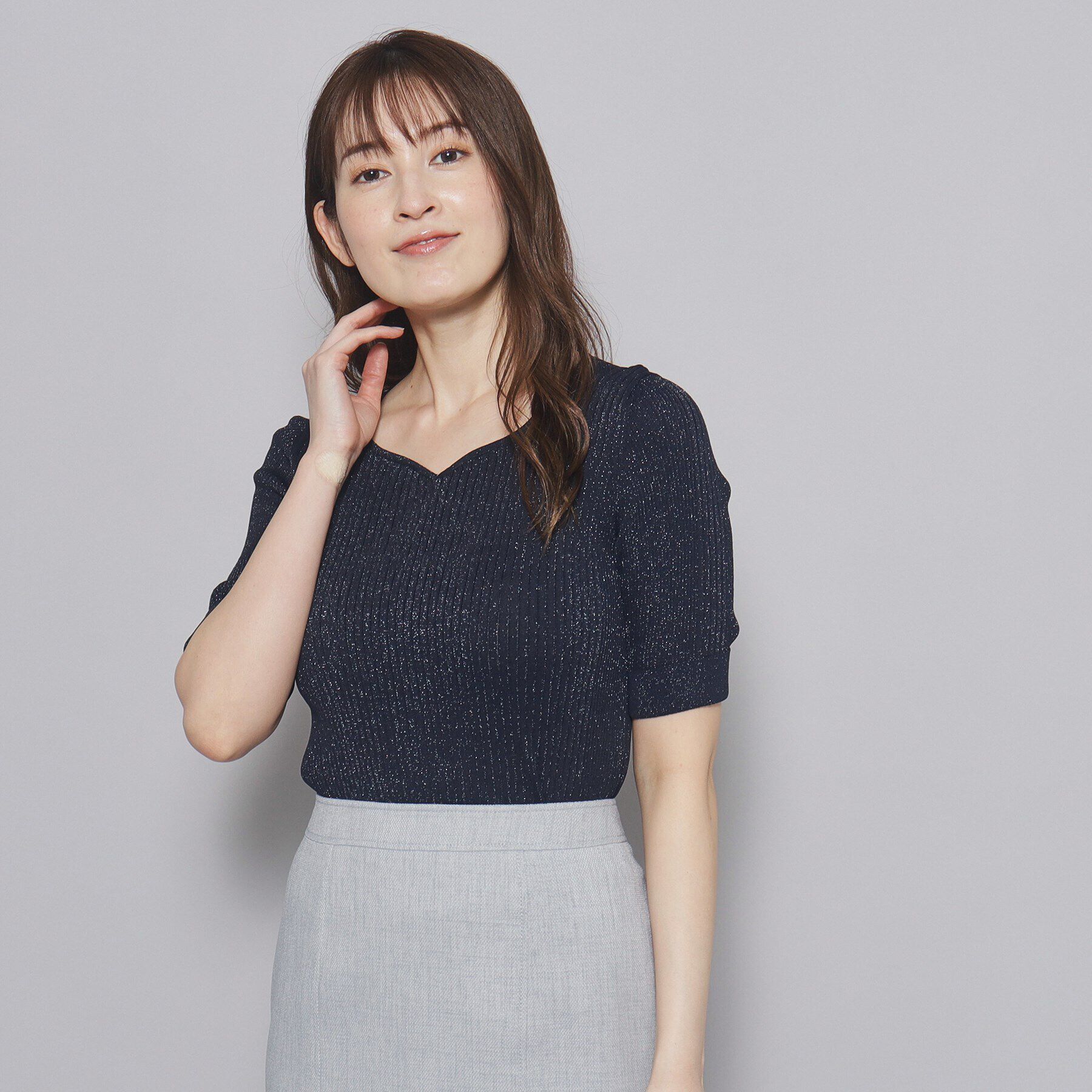 COUP DE CHANCE「【洗える／日本製／ハートネック】5分袖ラメ入りニットトップス」|ニット・セーター|ネイビー(094)