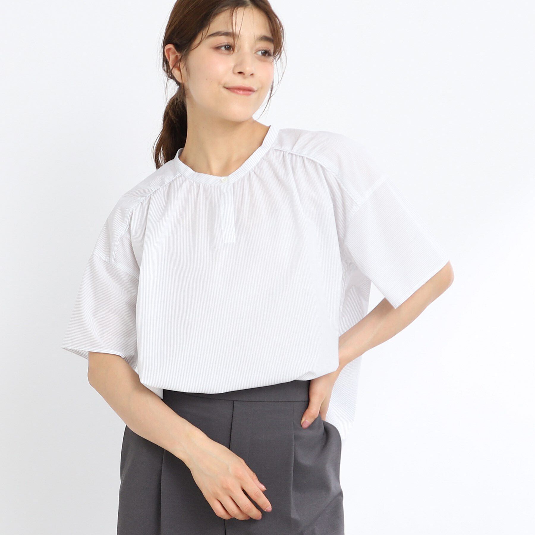 Reflect「【マシンウォッシュ可】五分袖ピンストライプブラウス」|シャツ・ブラウス|