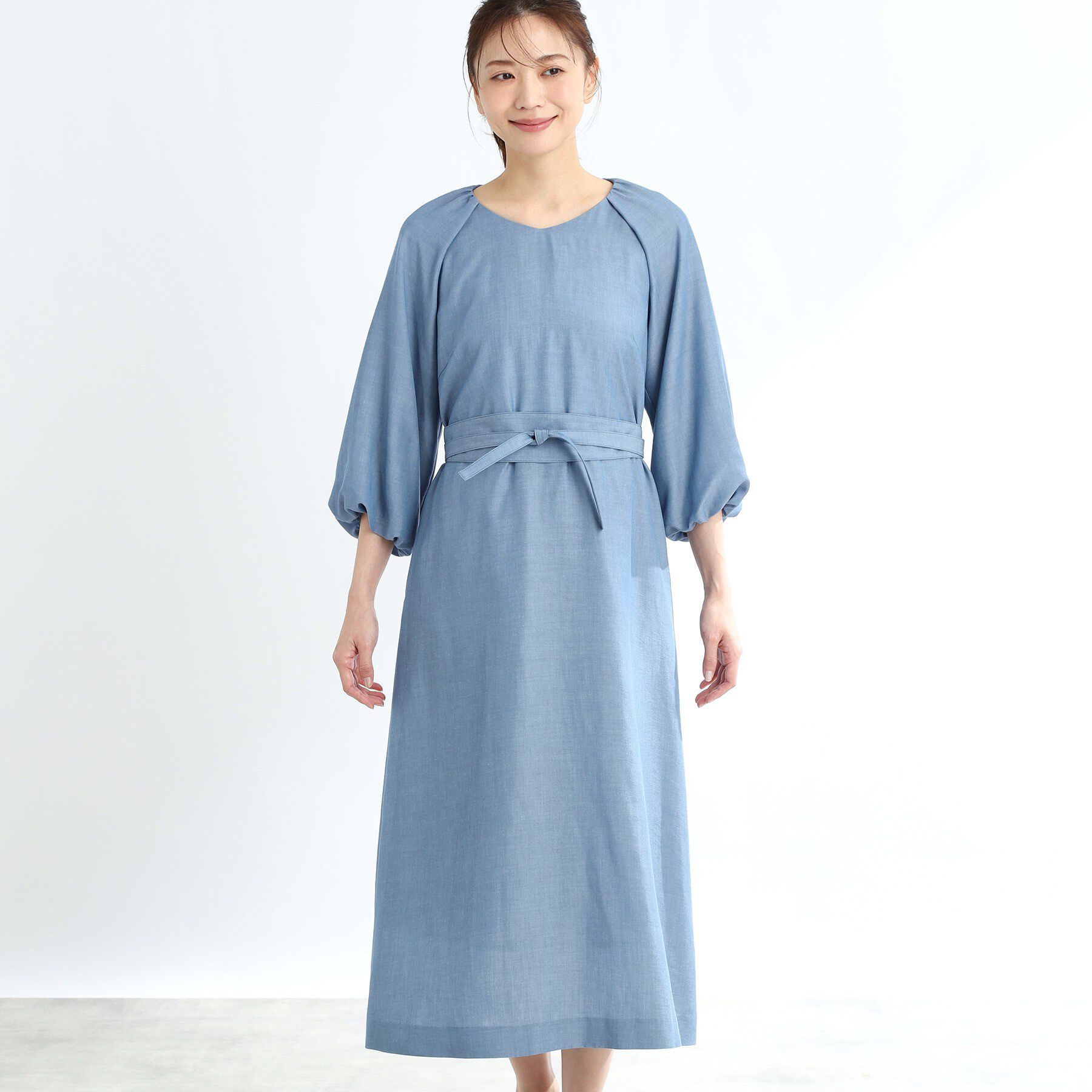 Reflect「【手洗い可／共布ベルト付き】ブルーダンガリーワンピース」|ワンピース|