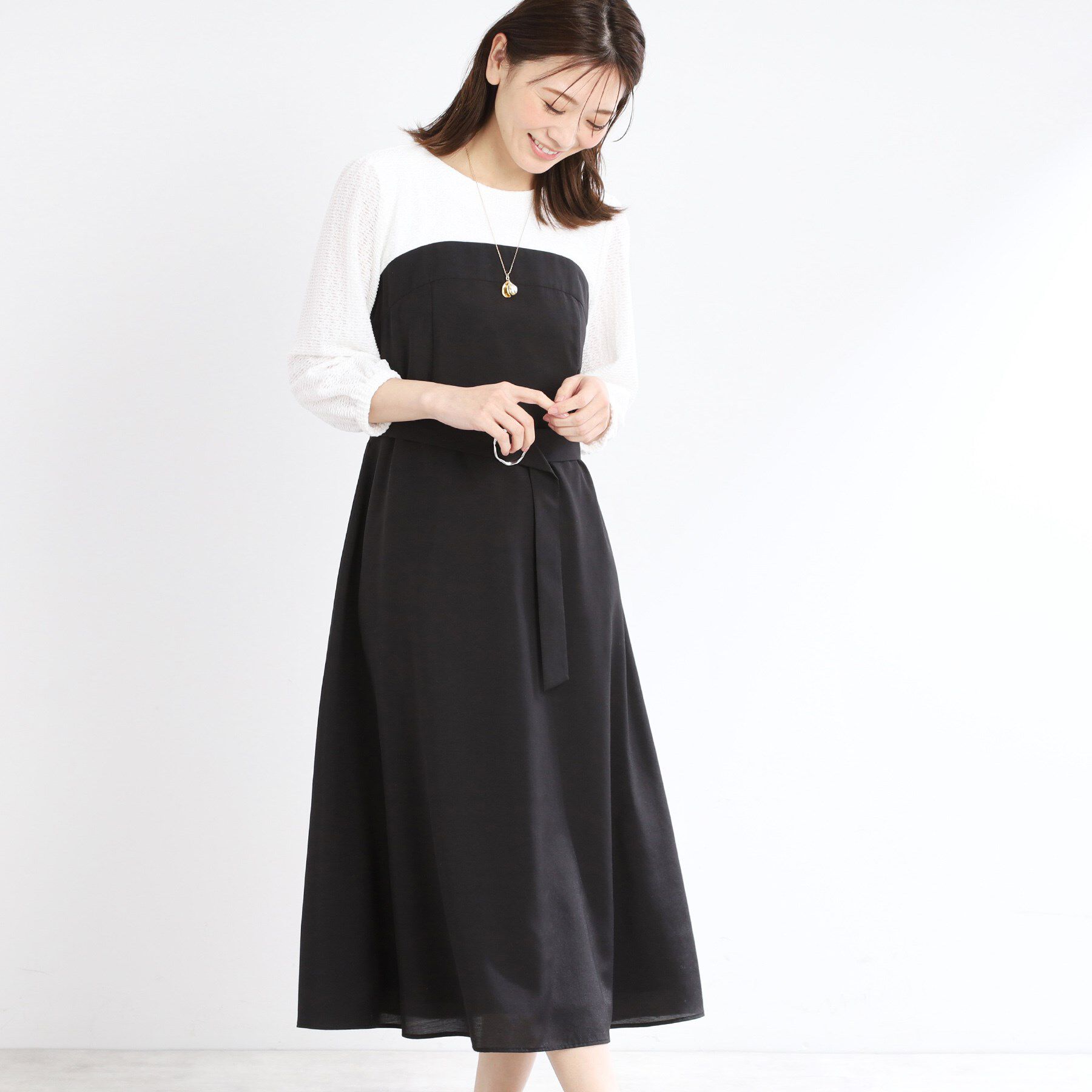 Reflect「【手洗い可／セットアップ可】異素材ミックスワンピース」|ワンピース|