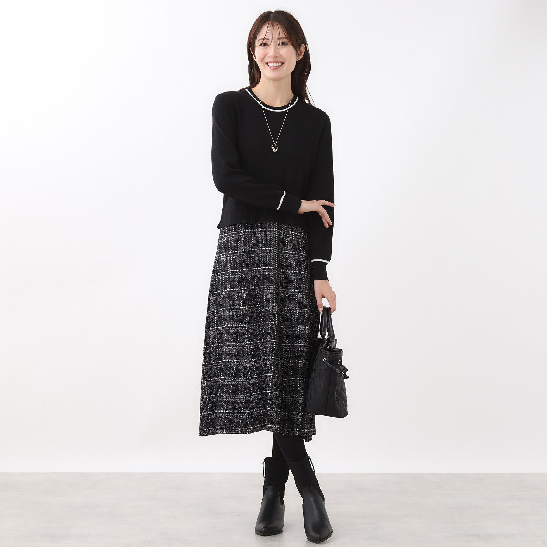 Reflect「【コートインでもすっきり◎】チェック柄ニットドッキングワンピース」|ワンピース|