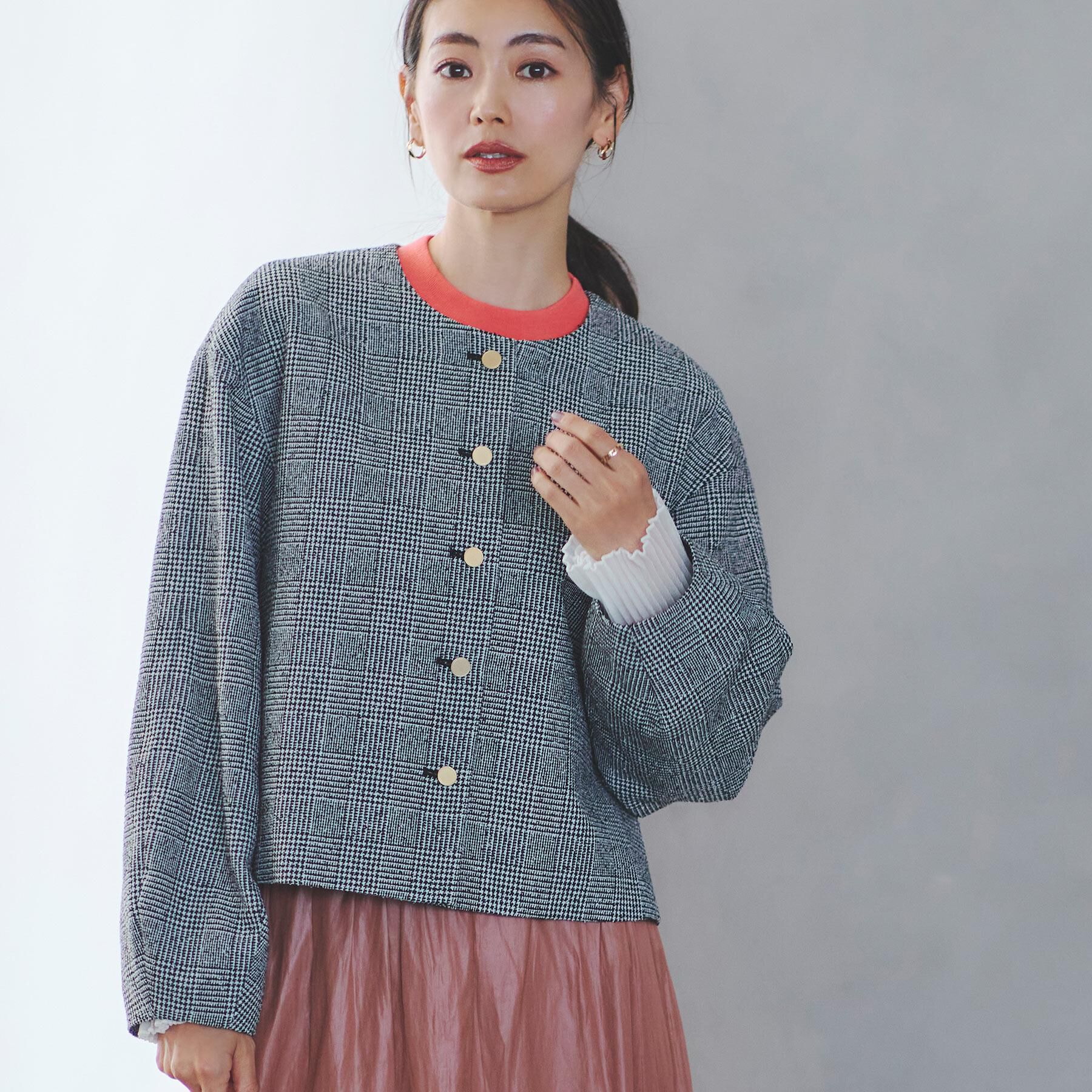 Reflect「【着映え◎／アームホールゆったり】グレンチェックジャコット」|ノーカラージャケット|ブラック(219)