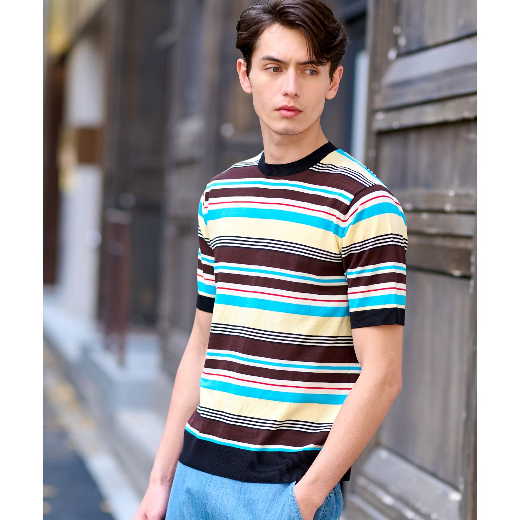 DRESSTERIOR「コットンシルク混 マルチボーダーニット」|ニット・セーター|ブラウン(344)