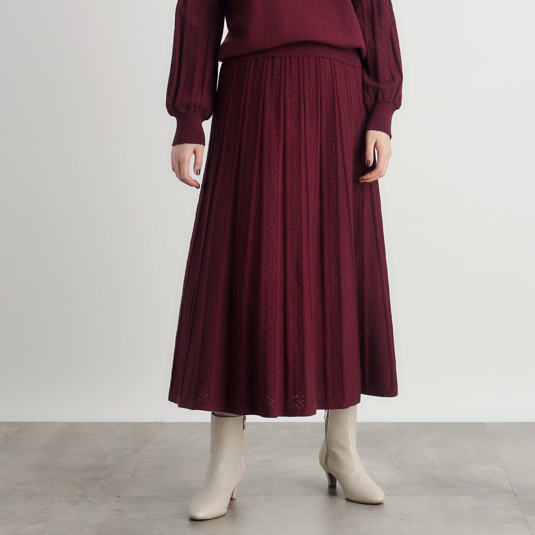 grove「SET UP対応 透かし編み柄ニットスカート」|スカート|ボルドー(064)