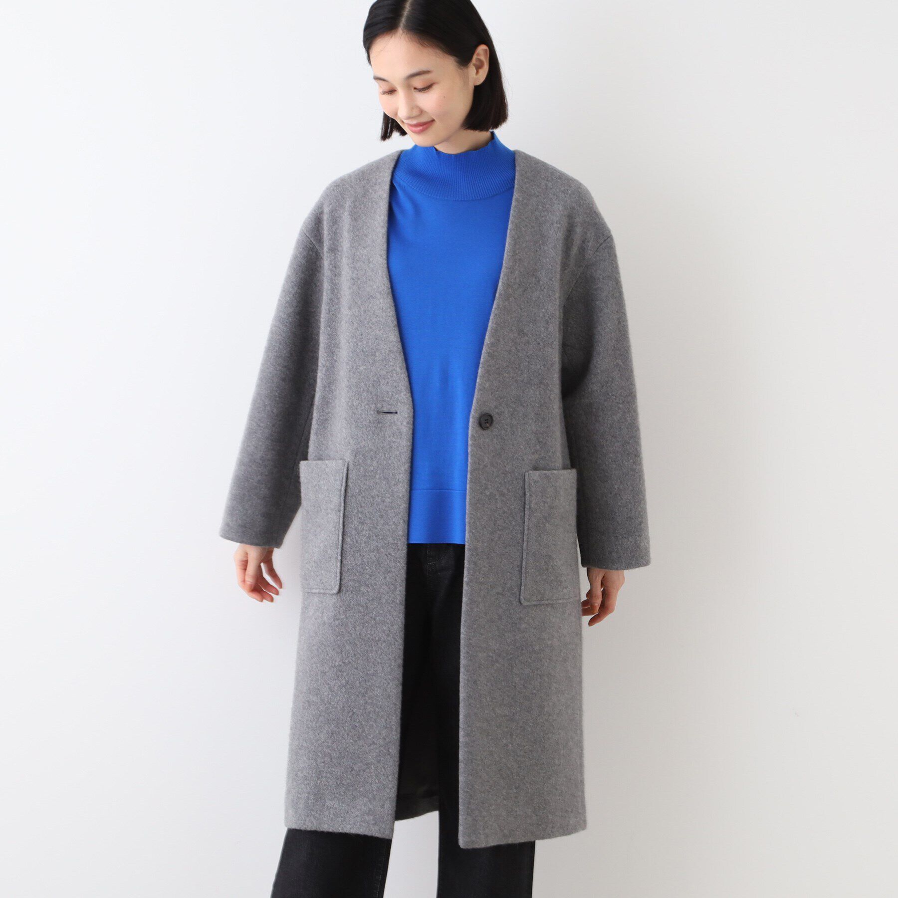 INDIVI「【日本製／カシミヤ混】ガウン風ロングコート」|ノーカラーコート|グレー(912)