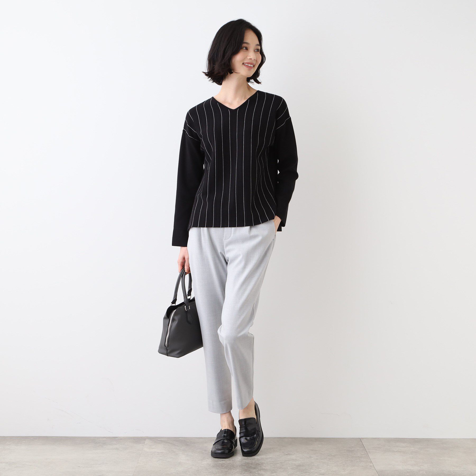 INDIVI「【洗える/SETUP可能】Vネックストライプ柄ニットプルオーバー」|ニット・セーター|