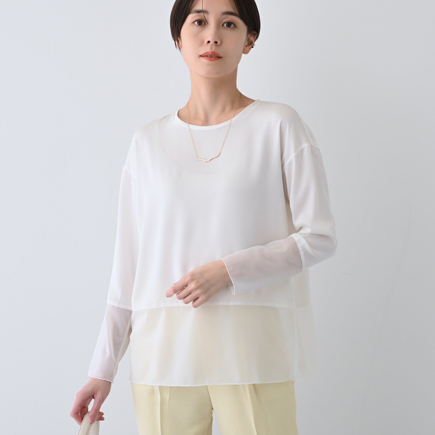 INDIVI「【洗える】袖＆裾 シアーデザイントップス」|Tシャツ・カットソー|ホワイト(001)