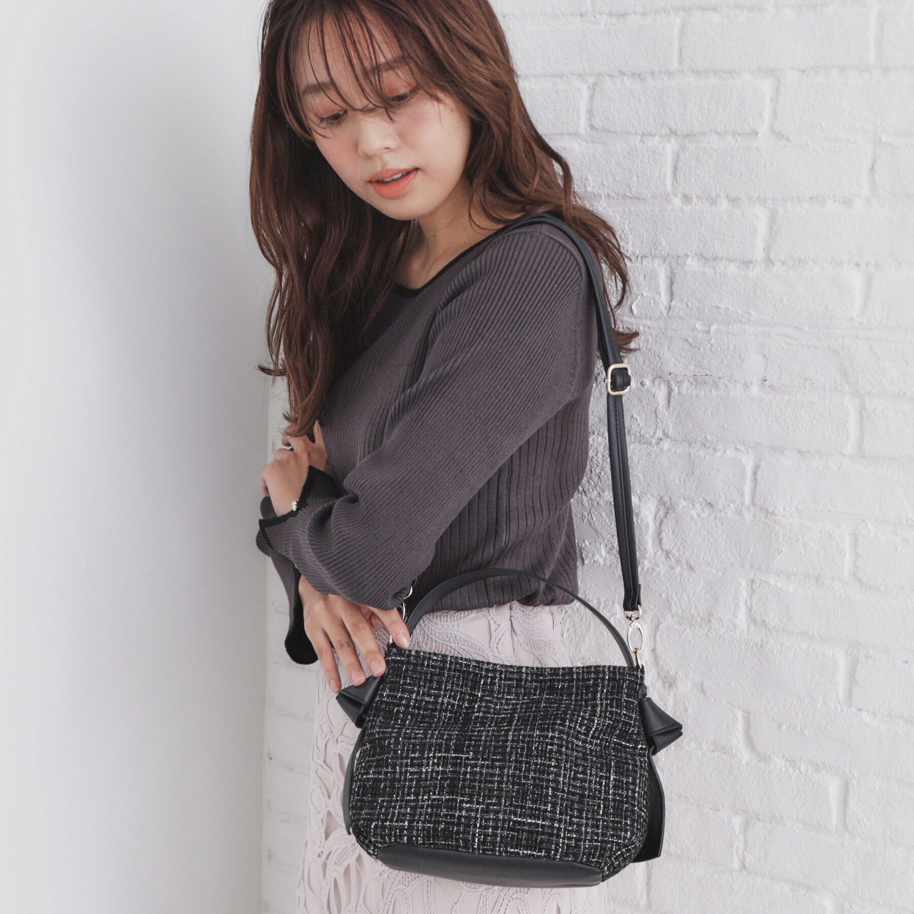 index「【2WAY】ショルダー付ツイードバッグ」|ショルダー・メッセンジャー|ブラック(019)