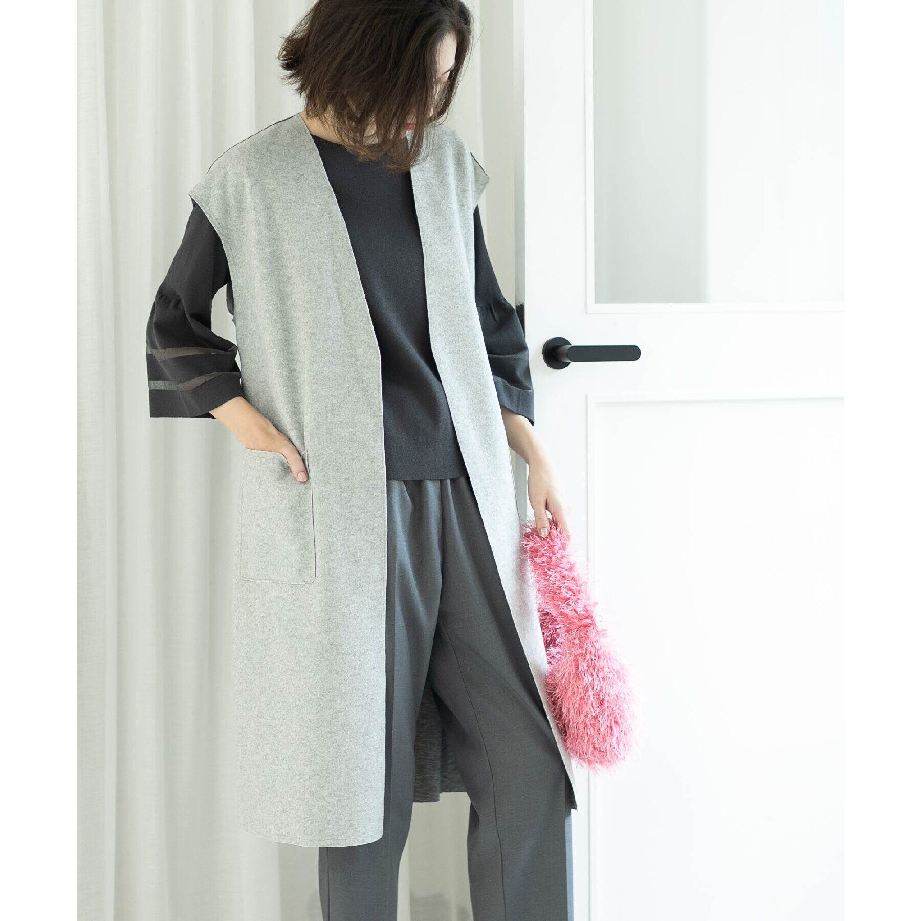 OPAQUE.CLIP「ウールライクロングジレ【洗濯機洗い可】」|ベスト・ジレ|グレー(012)