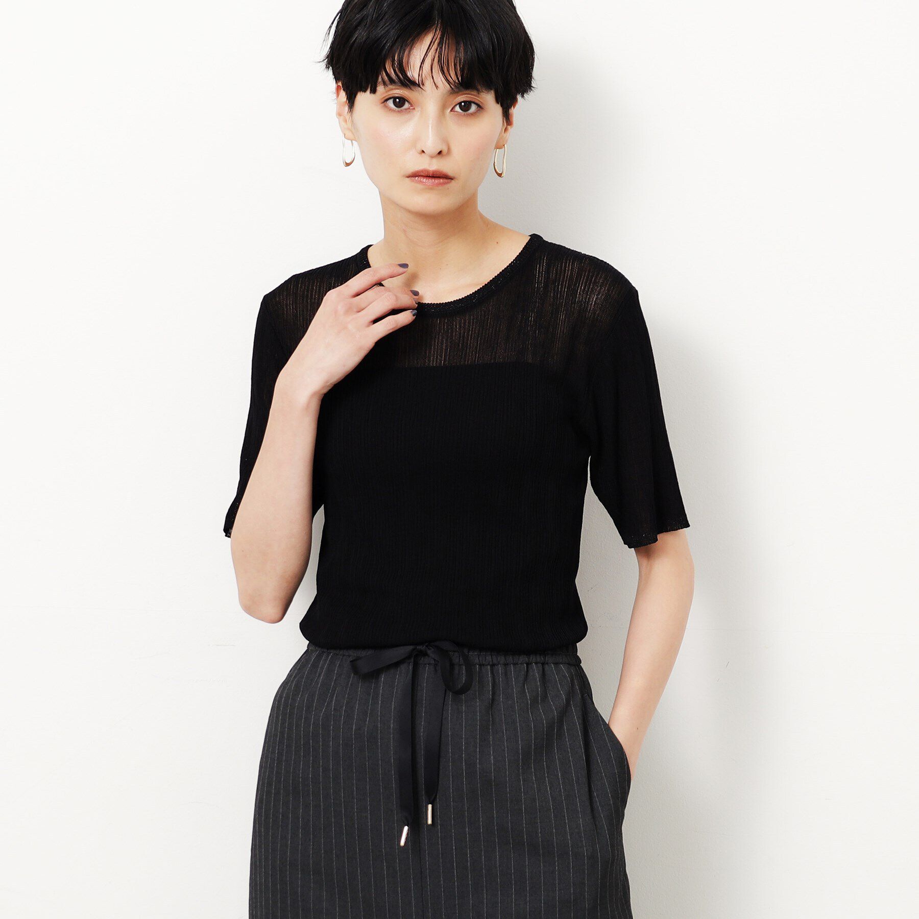 OPAQUE.CLIP「ラメ使いシアーニットプルオーバー【洗濯機洗い可/抗ピル】」|ニット・セーター|ブラック(019)