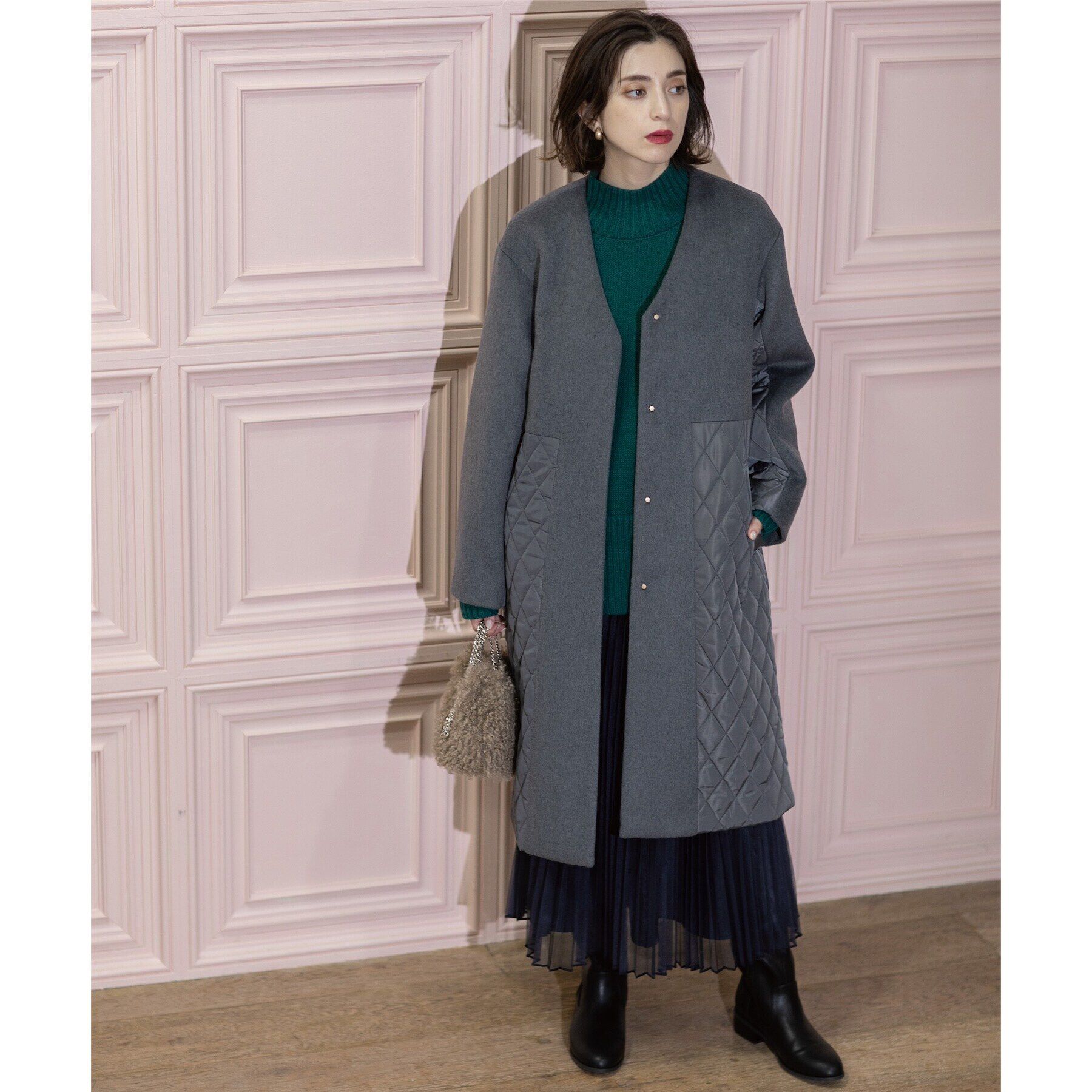 OPAQUE.CLIP「《S-LLsize》ウールカシミヤブレンド キルティングドッキングコート」|ノーカラーコート|