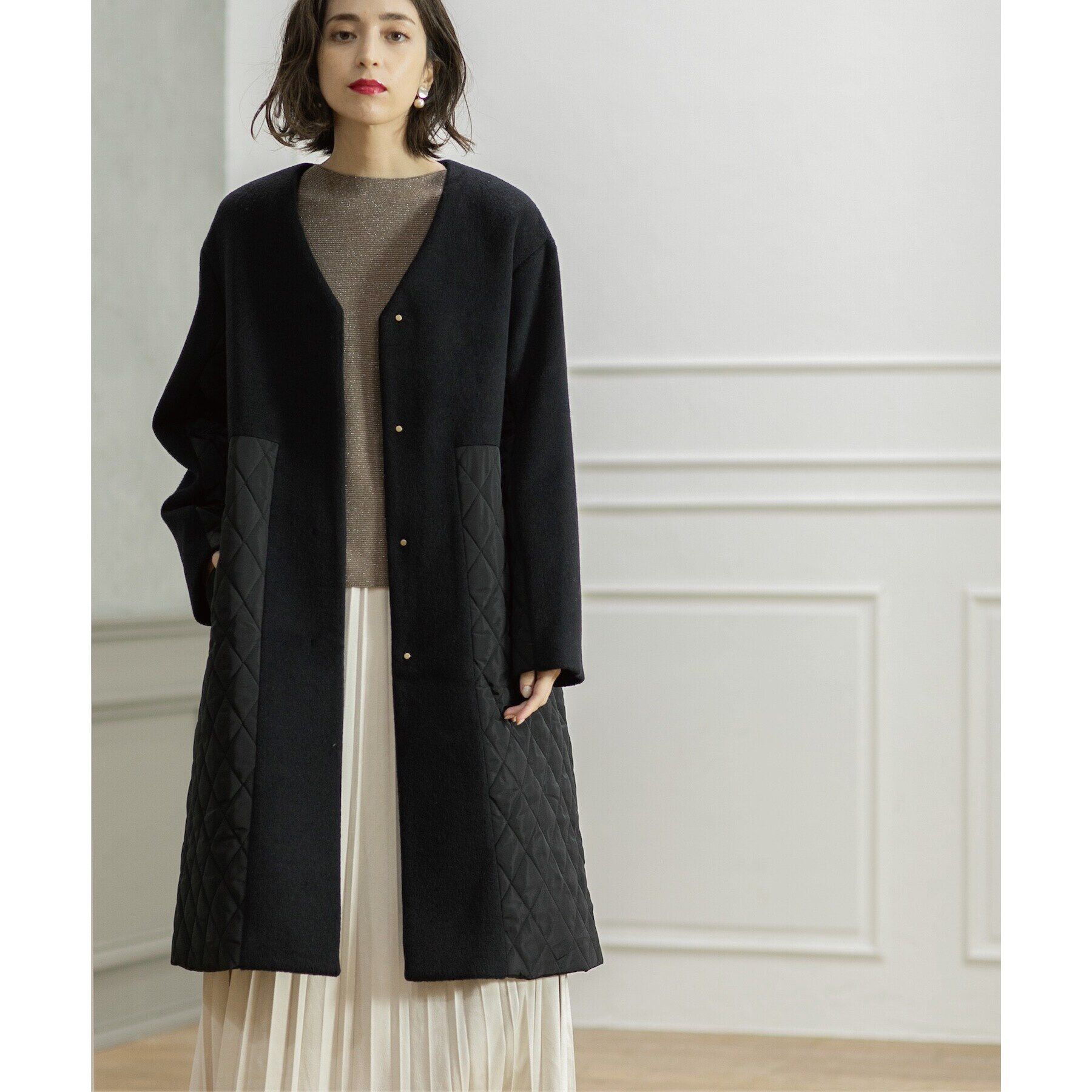 OPAQUE.CLIP「《S-LLsize》ウールカシミヤブレンド キルティングドッキングコート」|ノーカラーコート|