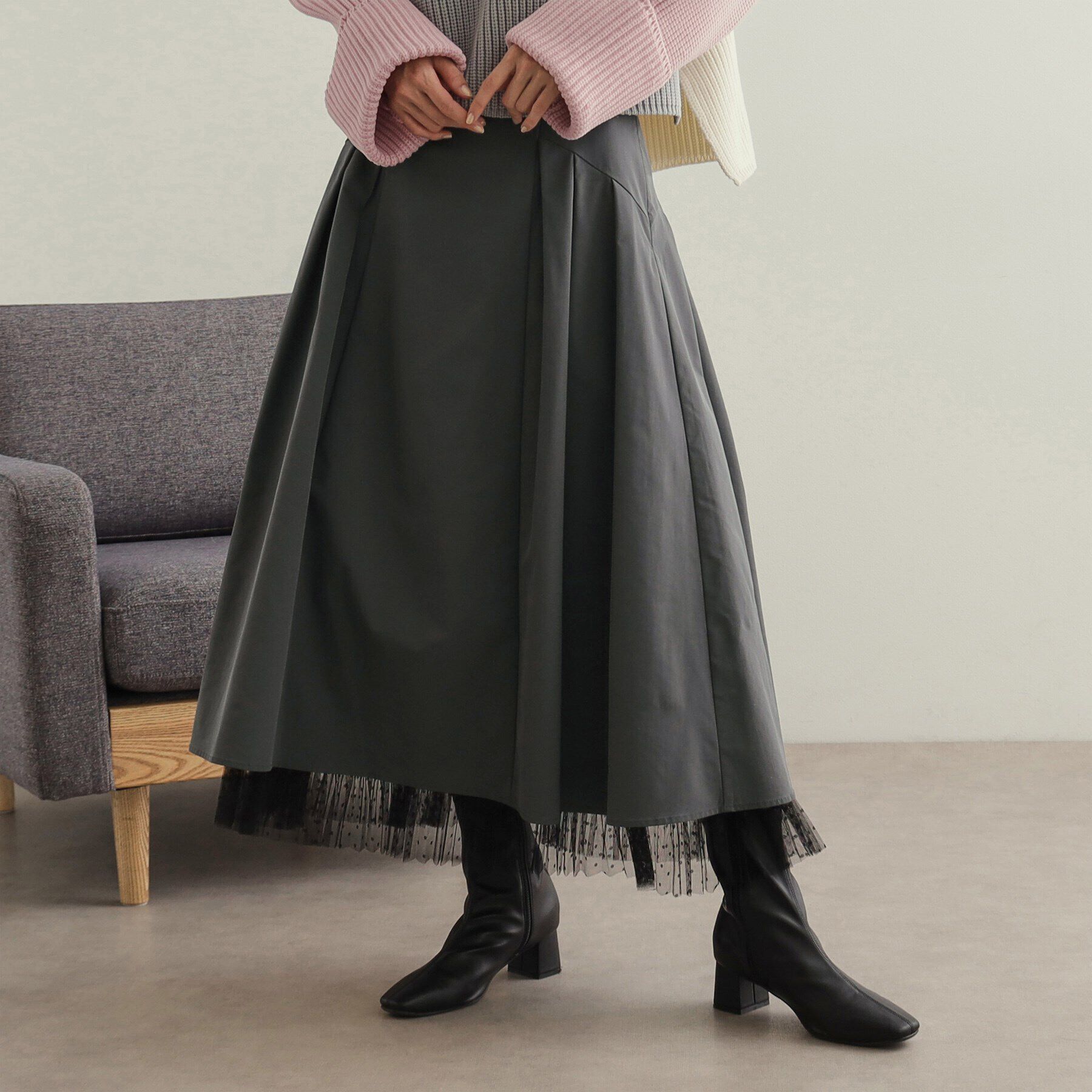OPAQUE.CLIP「裾チュールプリーツドッキング タックフレアスカート【洗濯機洗い可】」|スカート|チャコールグレー(0