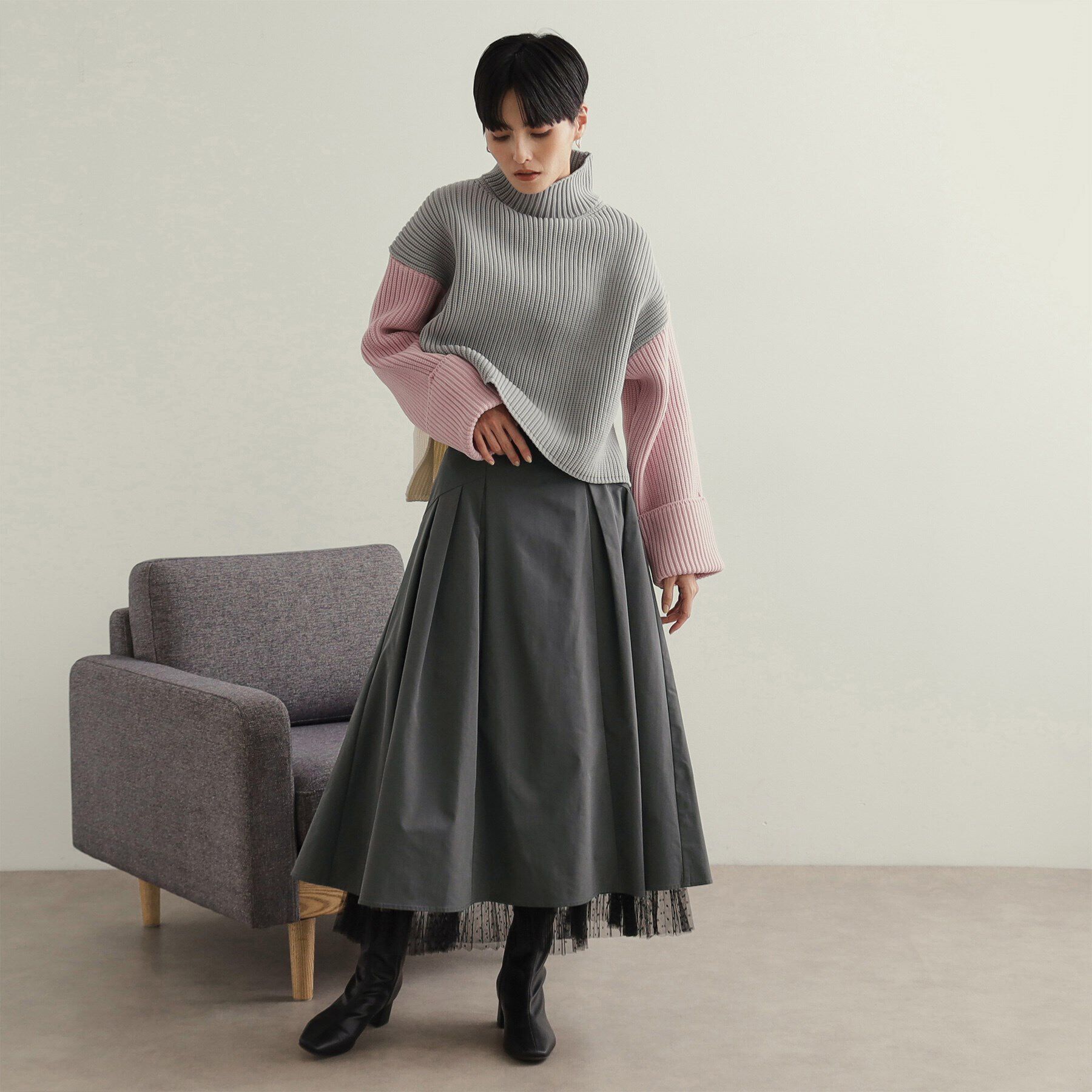 OPAQUE.CLIP「裾チュールプリーツドッキング タックフレアスカート【洗濯機洗い可】」|スカート|