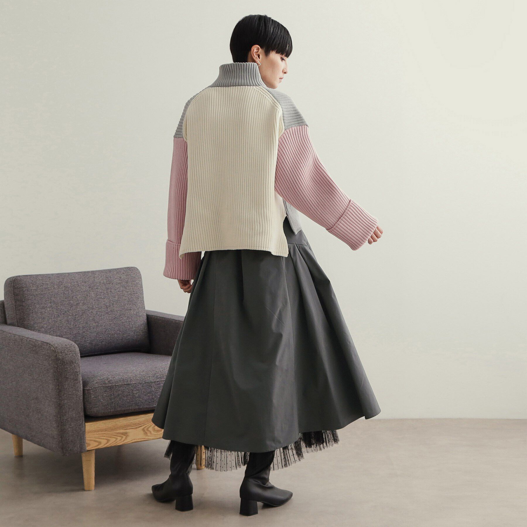 OPAQUE.CLIP「裾チュールプリーツドッキング タックフレアスカート【洗濯機洗い可】」|スカート|