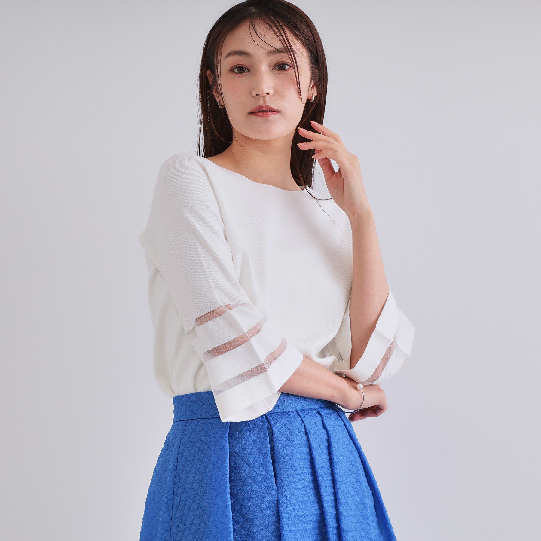 OPAQUE.CLIP「《6色展開》シアーボーダーフレアスリーブニット【洗濯機洗い可】」|ニット・セーター|