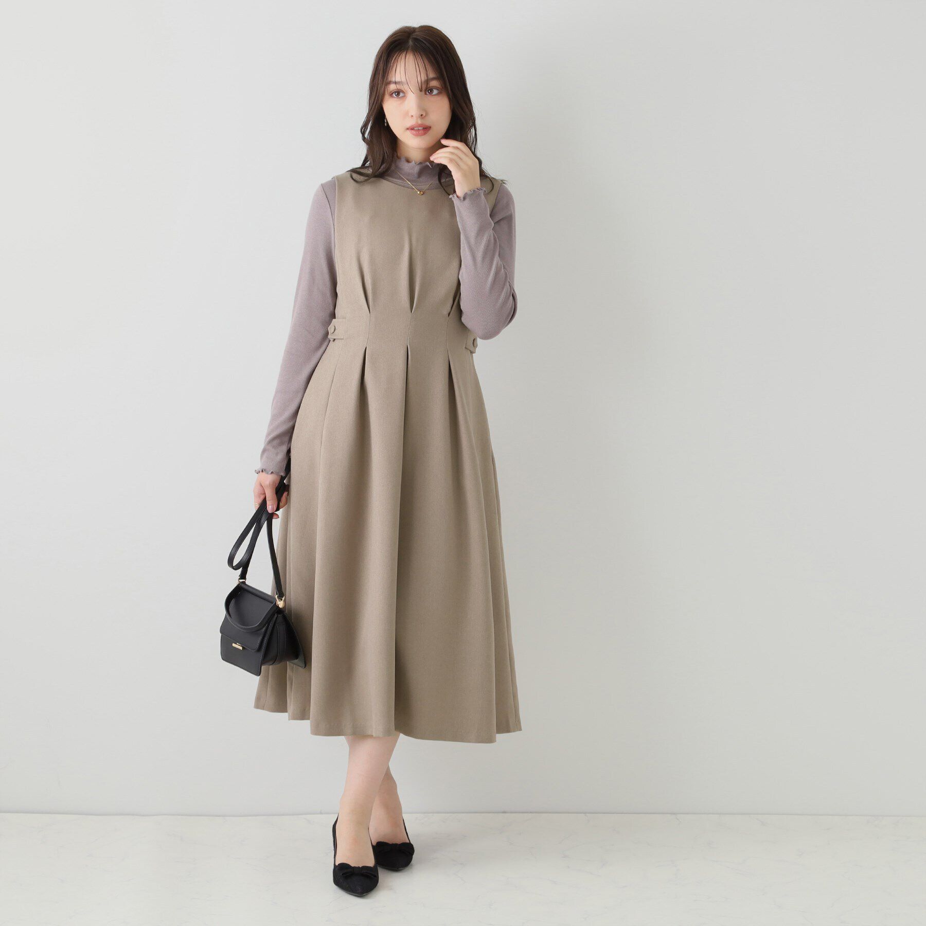 Couture broach「【ウエストマークでスタイルアップ】ウエストタックジャンパースカート」|ワンピース|
