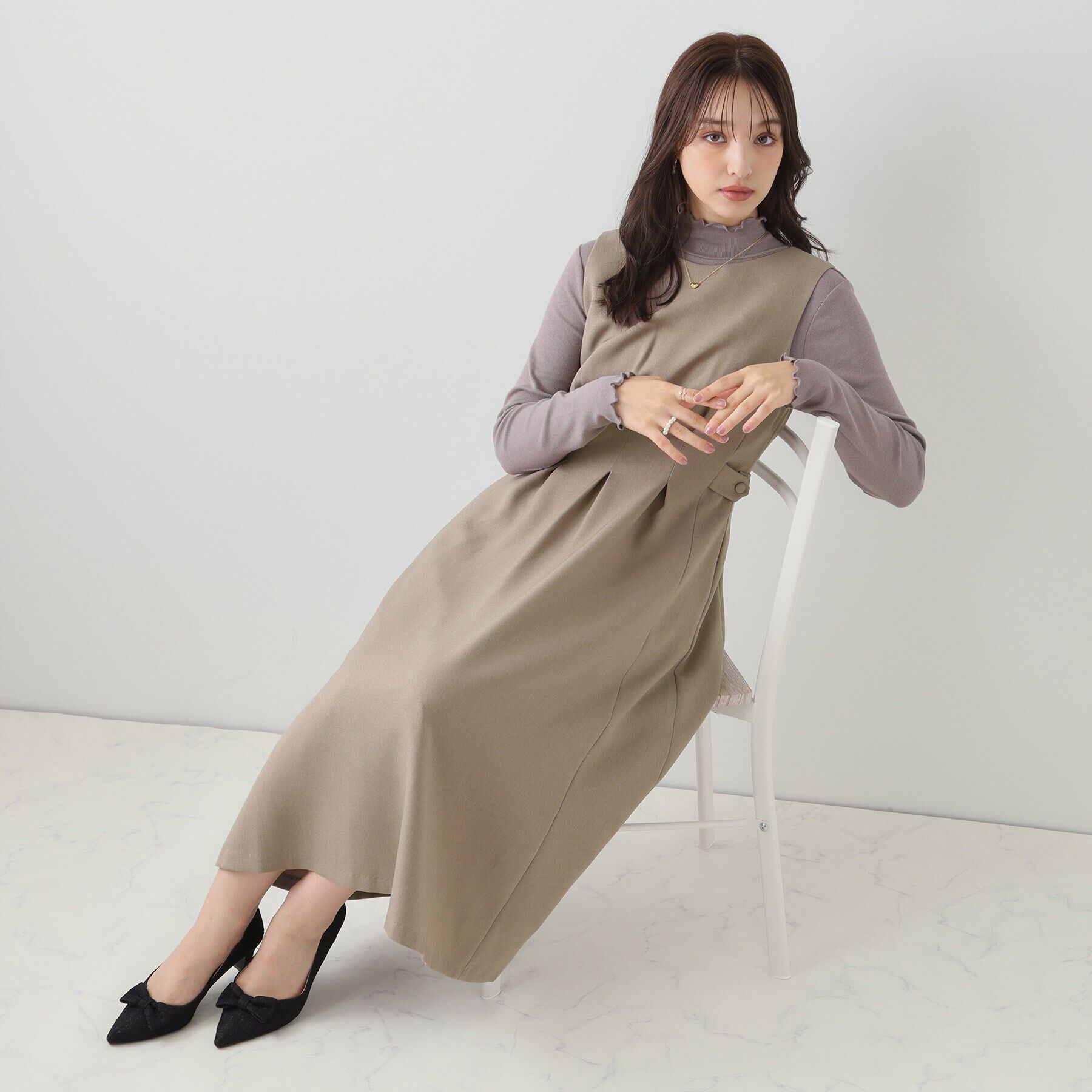 Couture broach「【ウエストマークでスタイルアップ】ウエストタックジャンパースカート」|ワンピース|