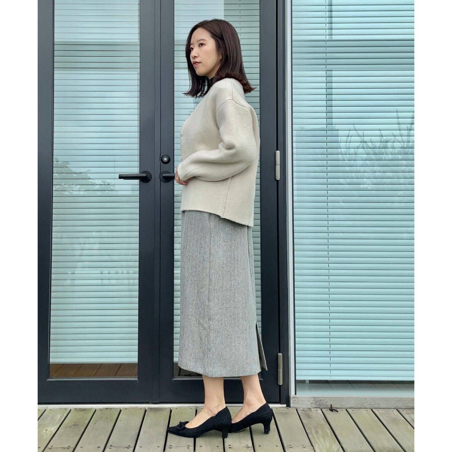 Couture broach「【上品仕立て】パール調釦コクーンニットジャケット」|ノーカラージャケット|