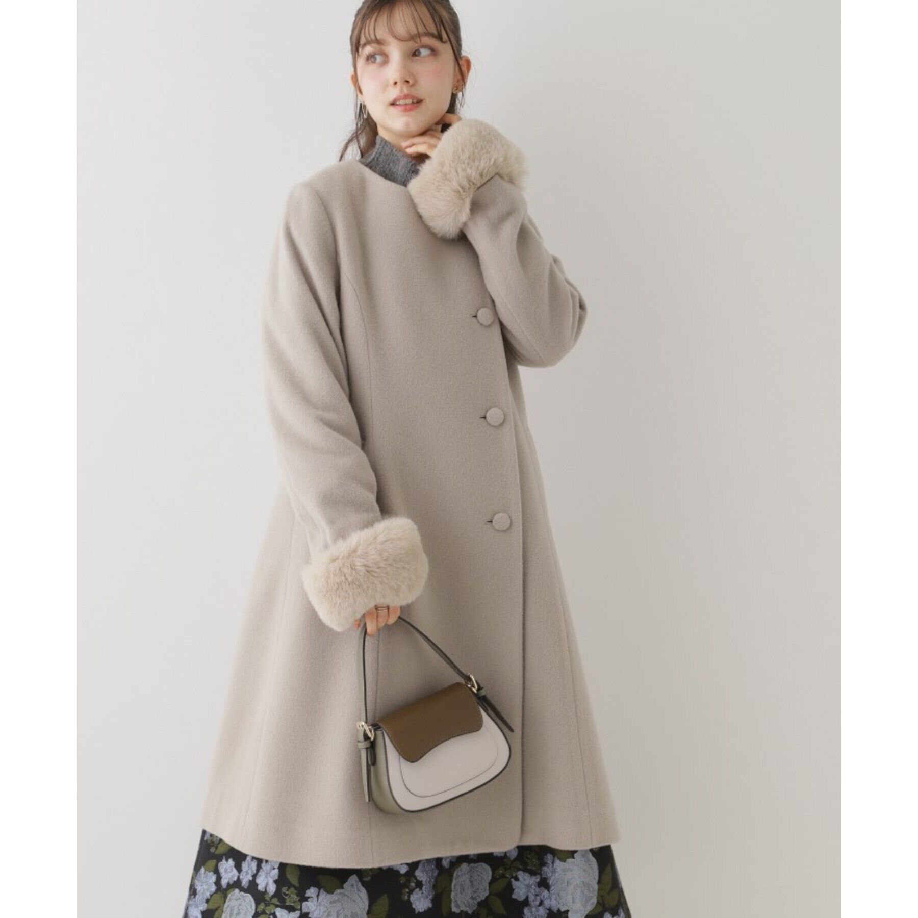 Couture broach「【JAPAN Fabric・美シルエットを叶える】インペリアルモッサバックタックノーカラーコート」|ノーカラーコート|