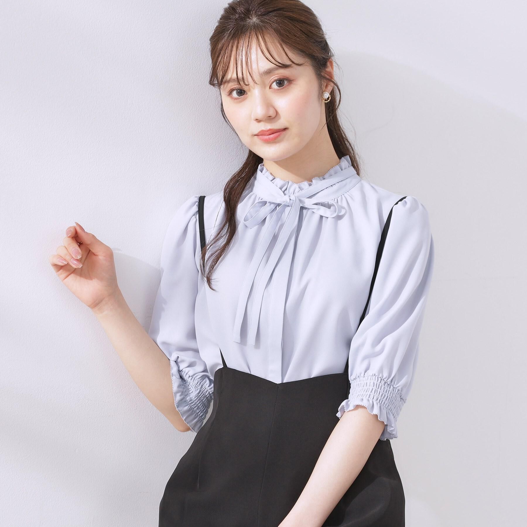 Couture broach「【5分袖・通勤】リボンタイ付きピコフリル5分袖ブラウス」|シャツ・ブラウス|サックスブルー(09