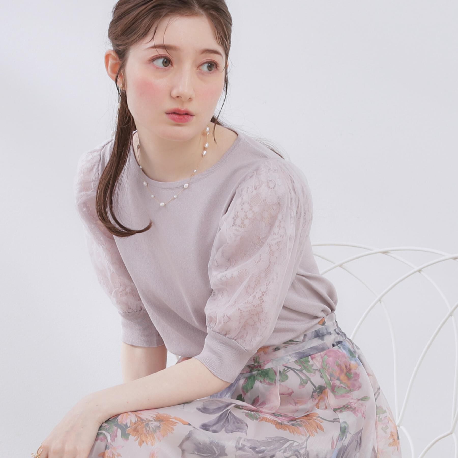 Couture broach「【洗える・UV機能・通勤】オーガンレース袖ニット」|ニット・セーター|ライトグレー(011