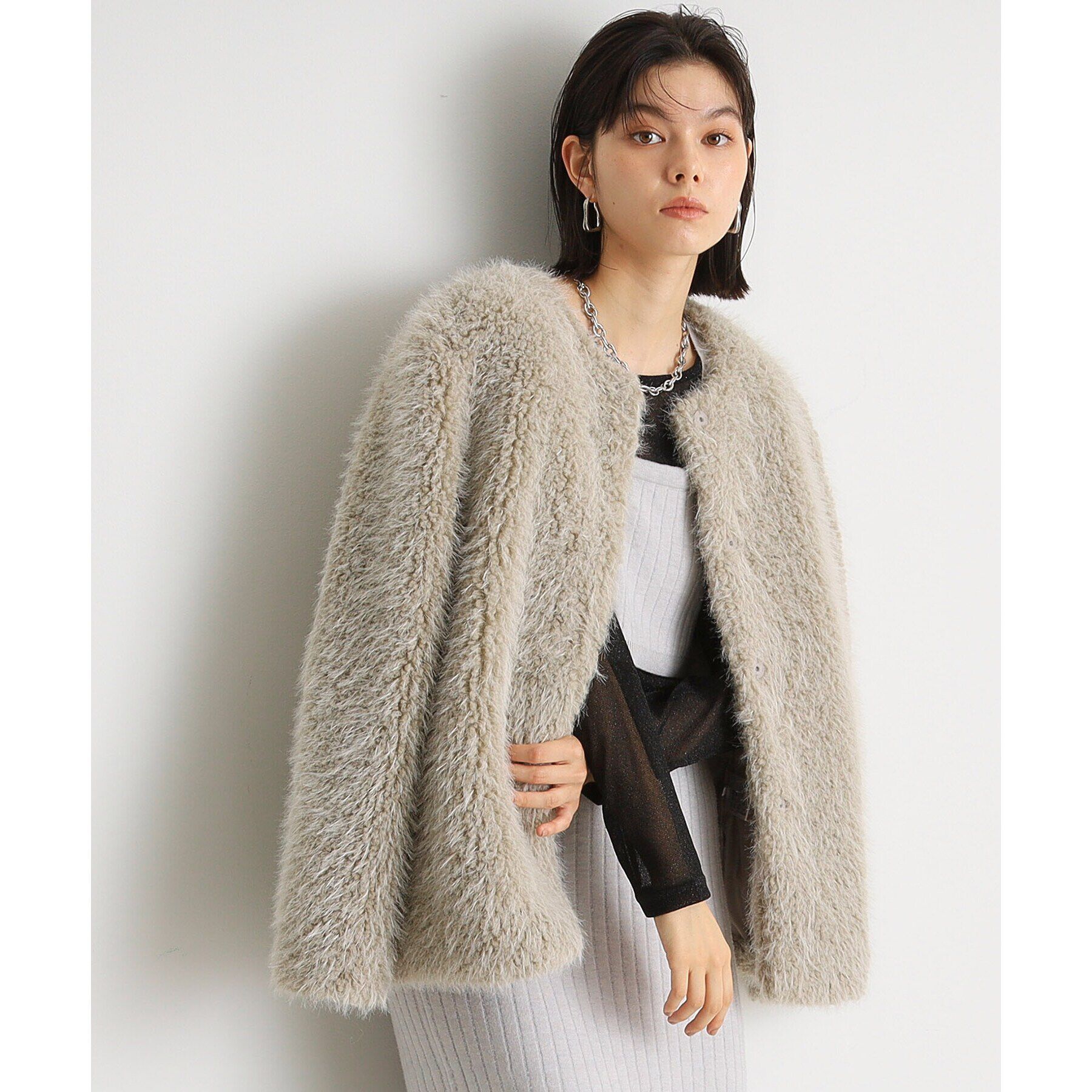 THE SHOP TK「ボアファーノーカラージャケット」|ノーカラーコート|ｸﾞﾚｰｼﾞｭ(050)