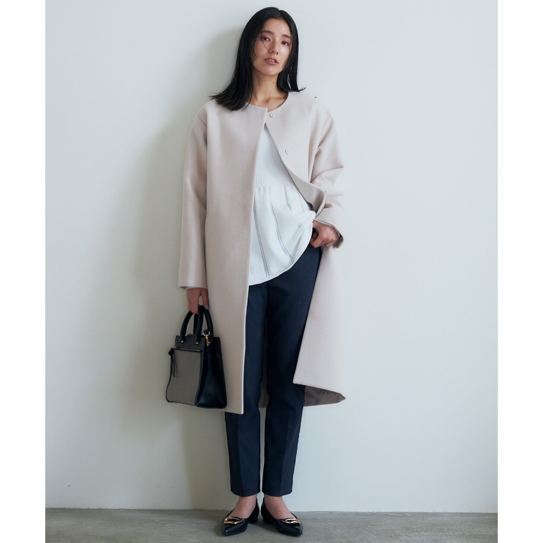 THE SHOP TK「ダブルクロスノーカラーロングコート」|ノーカラーコート|