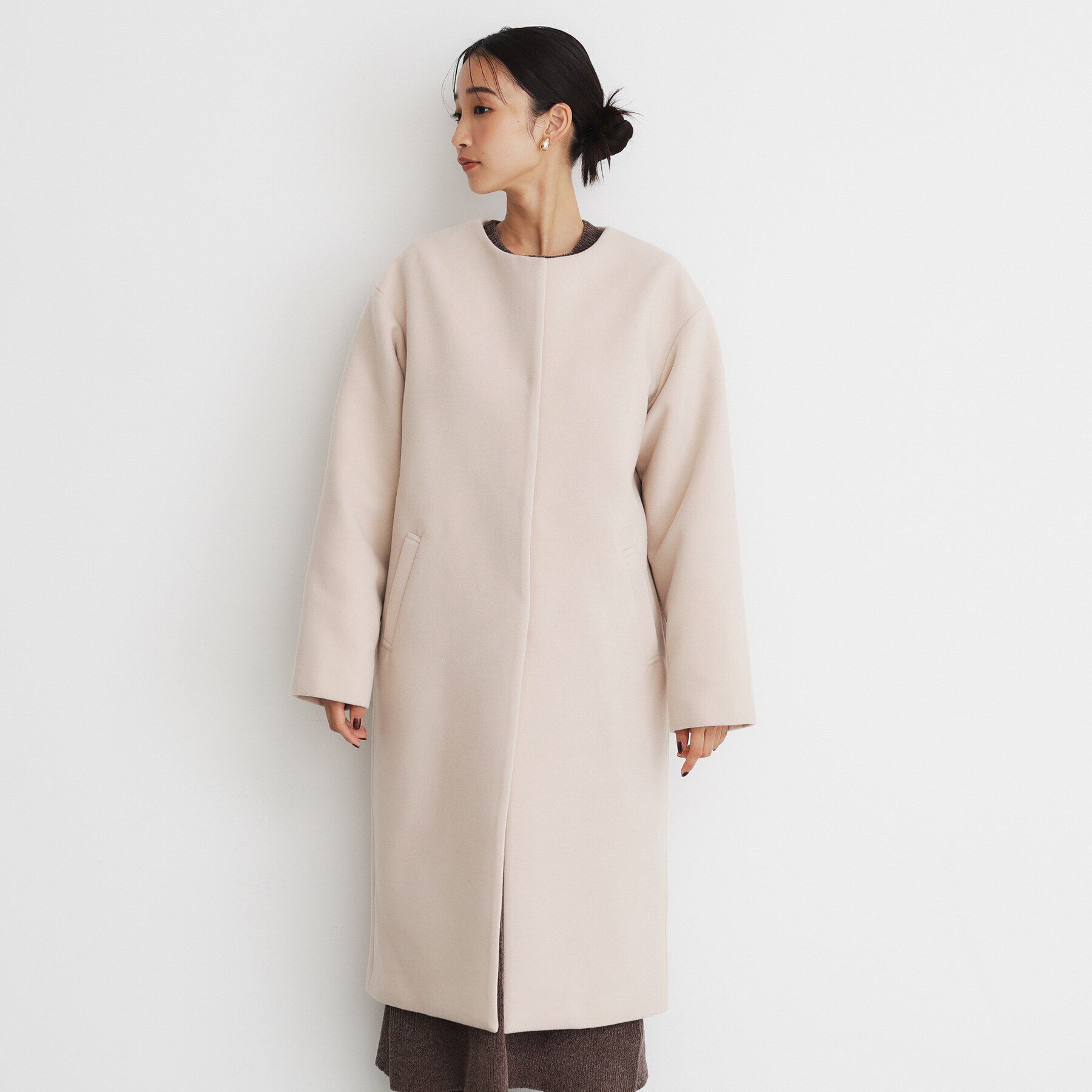 THE SHOP TK「ダブルクロスノーカラーロングコート」|ノーカラーコート|