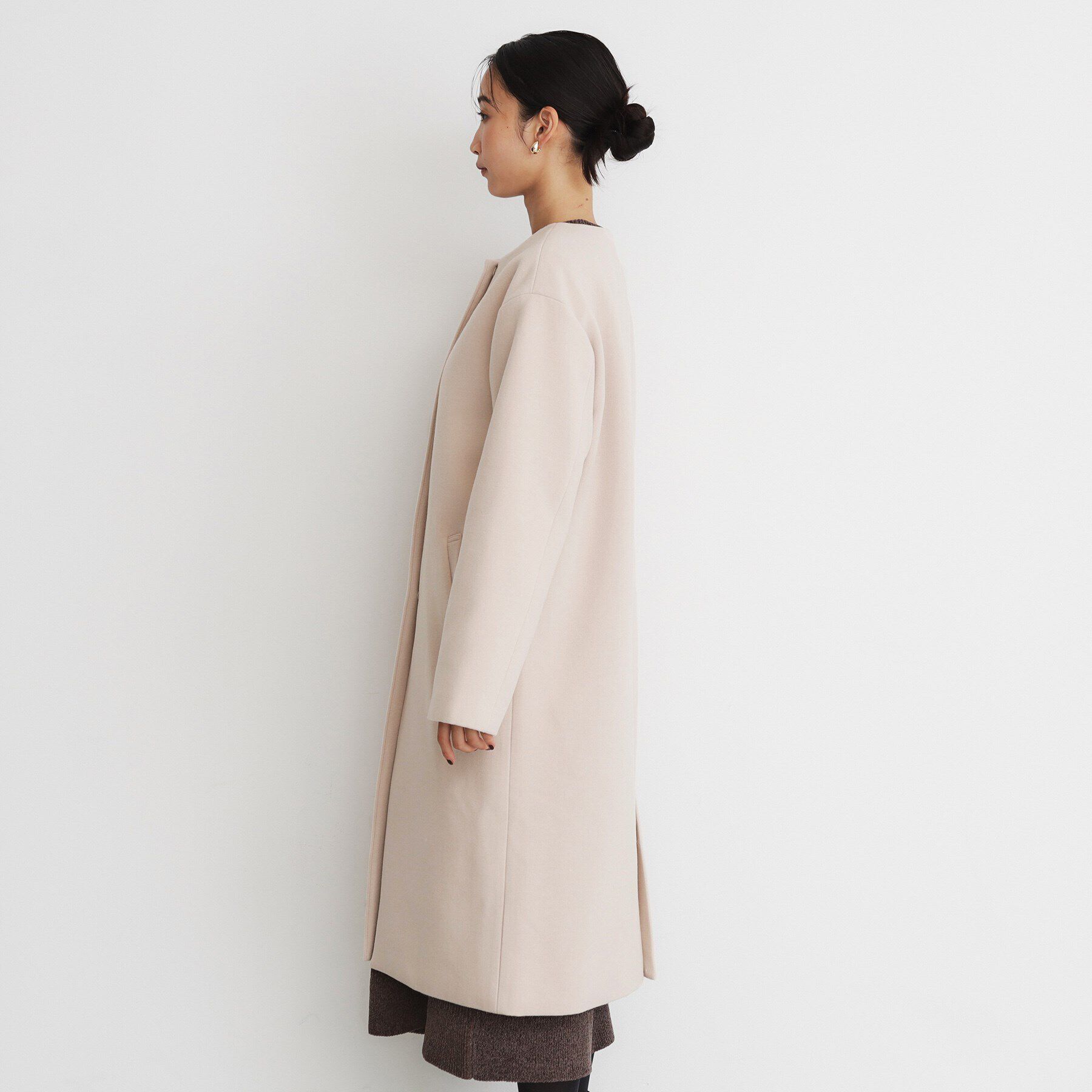 THE SHOP TK「ダブルクロスノーカラーロングコート」|ノーカラーコート|