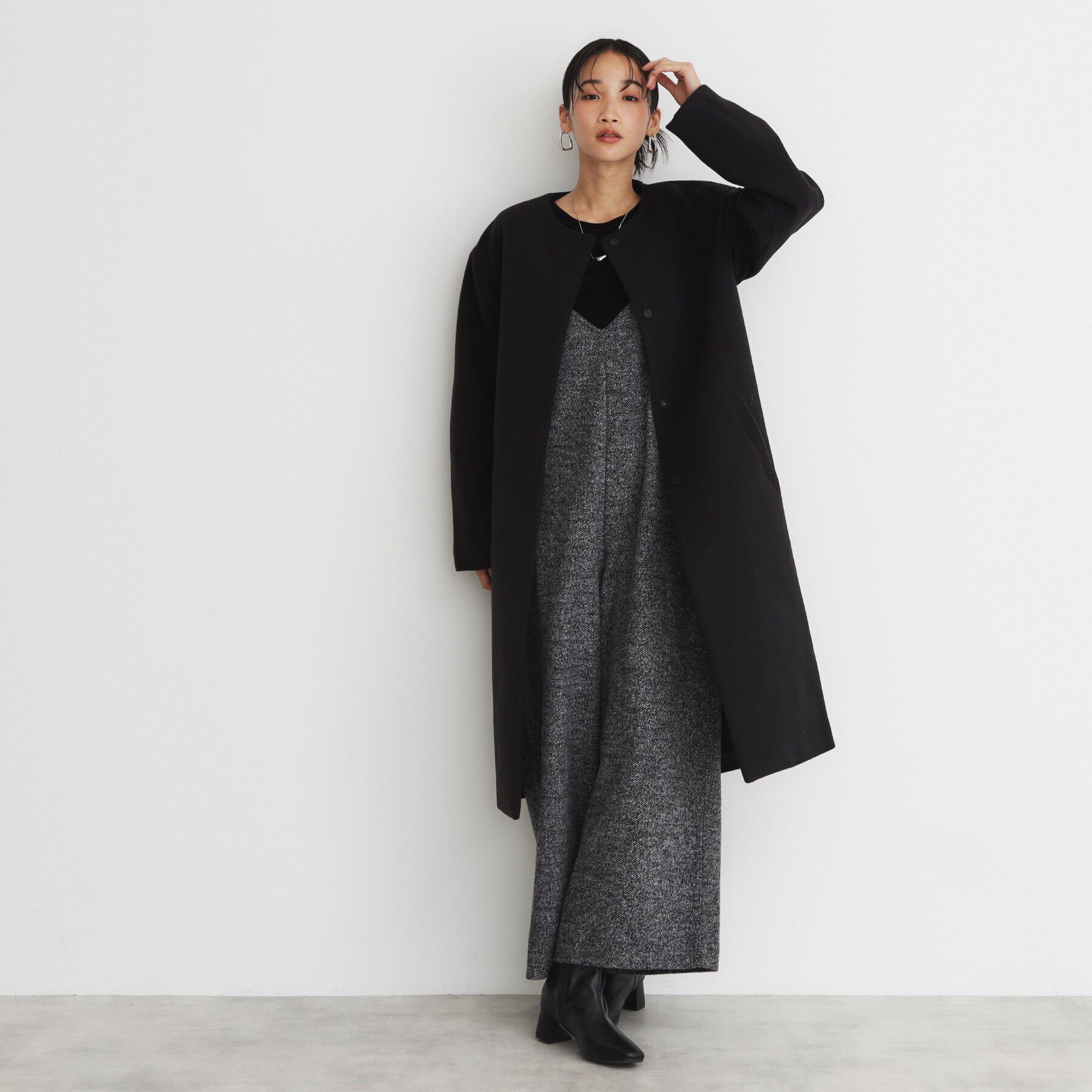 THE SHOP TK「ダブルクロスノーカラーロングコート」|ノーカラーコート|