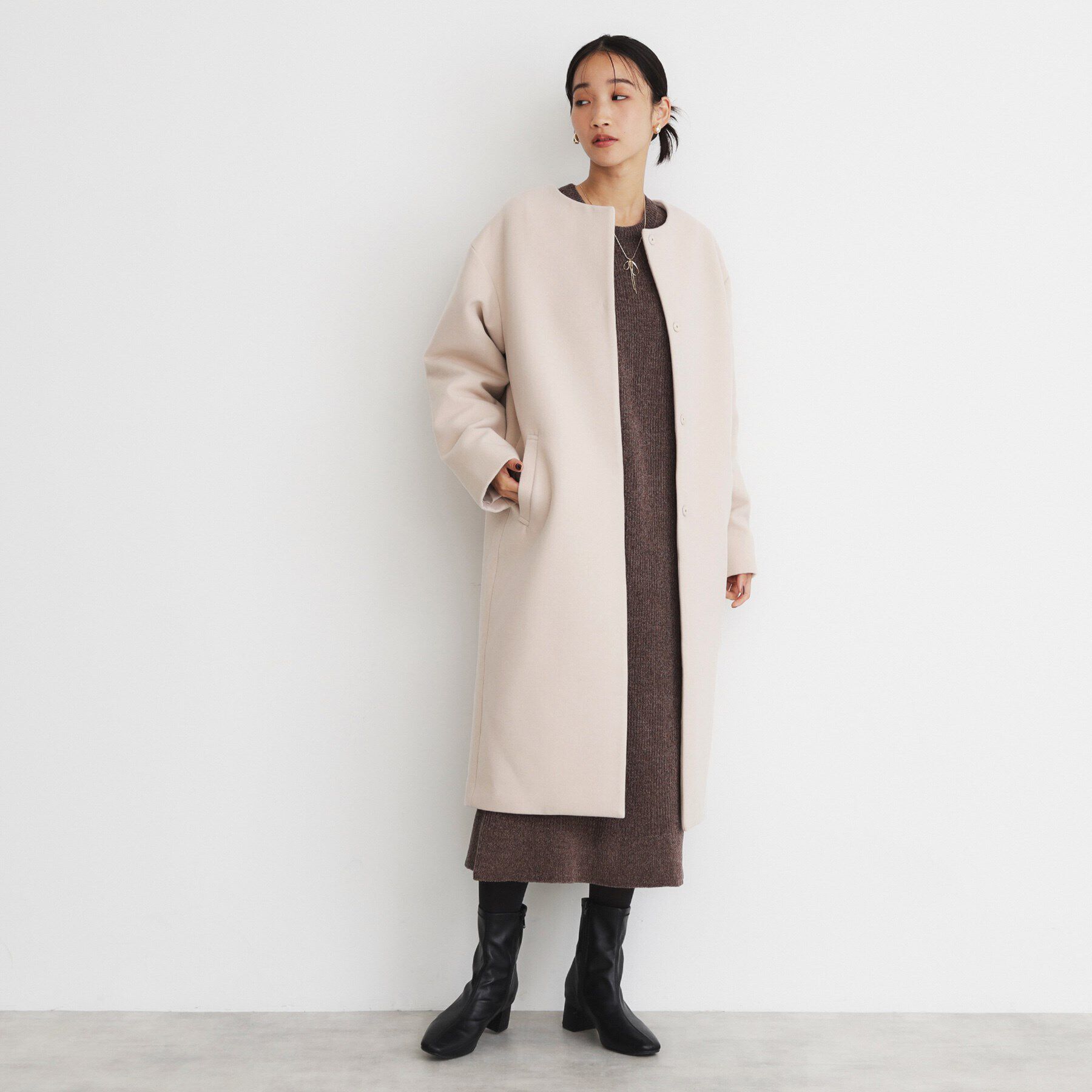 THE SHOP TK「ダブルクロスノーカラーロングコート」|ノーカラーコート|