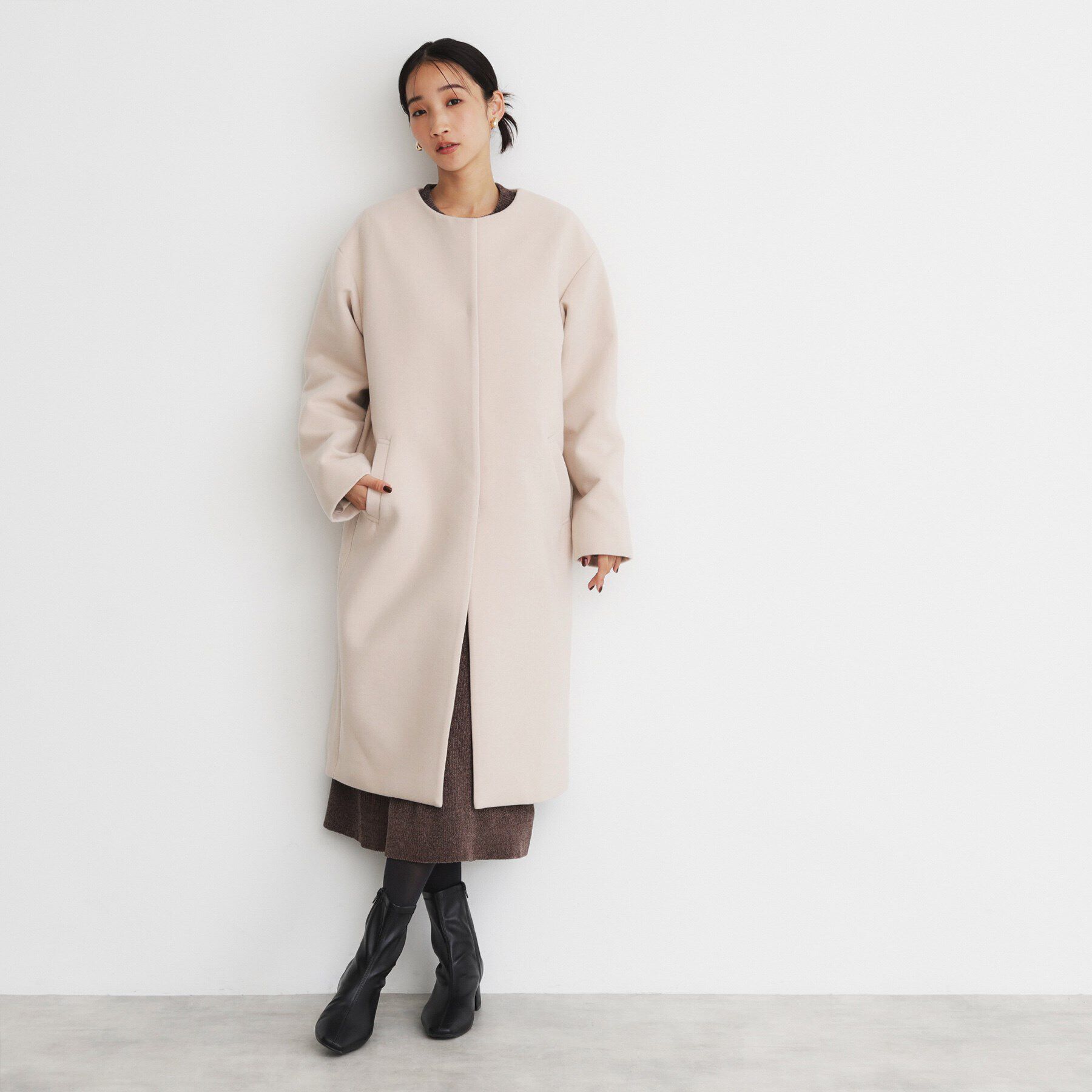 THE SHOP TK「ダブルクロスノーカラーロングコート」|ノーカラーコート|