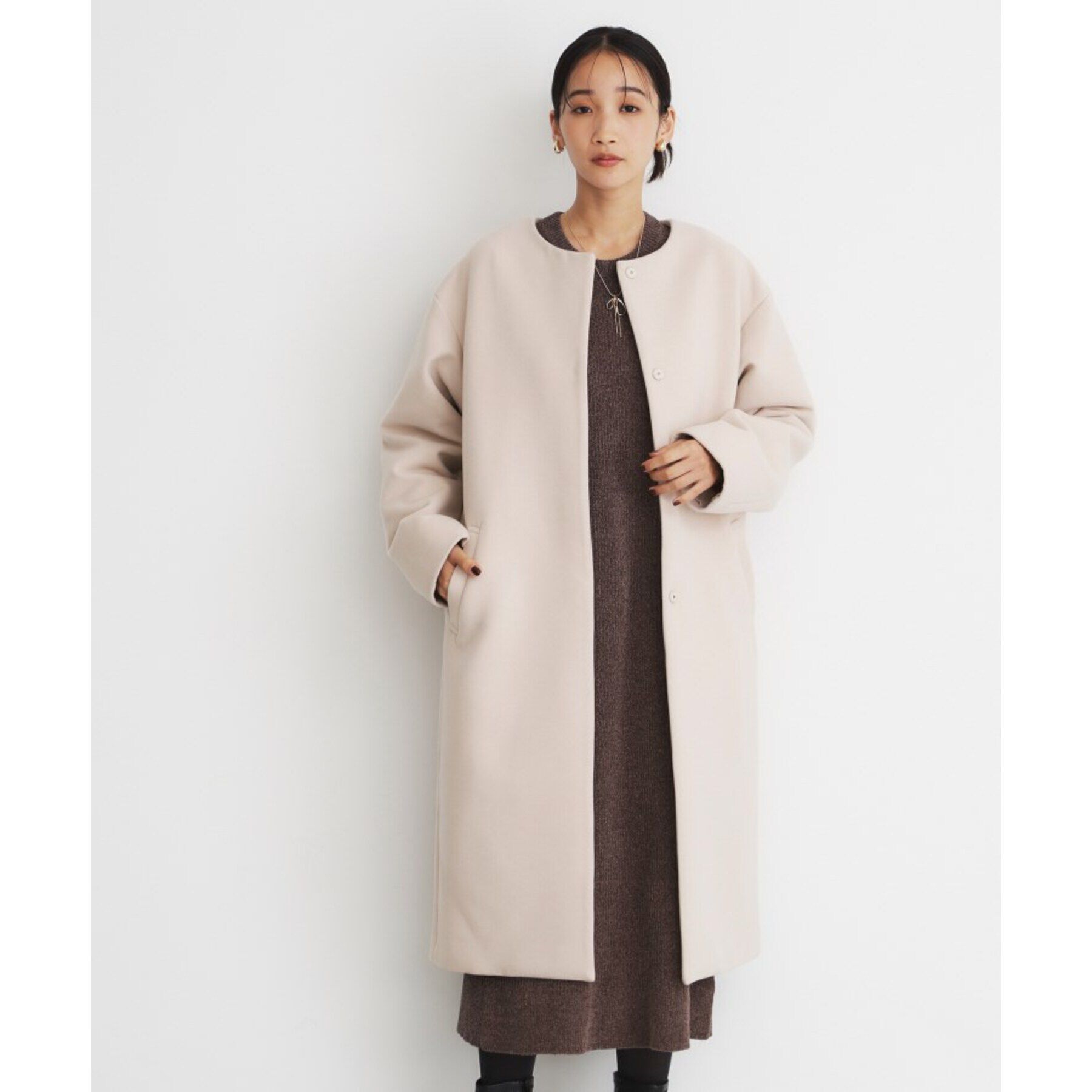 THE SHOP TK「ダブルクロスノーカラーロングコート」|ノーカラーコート|