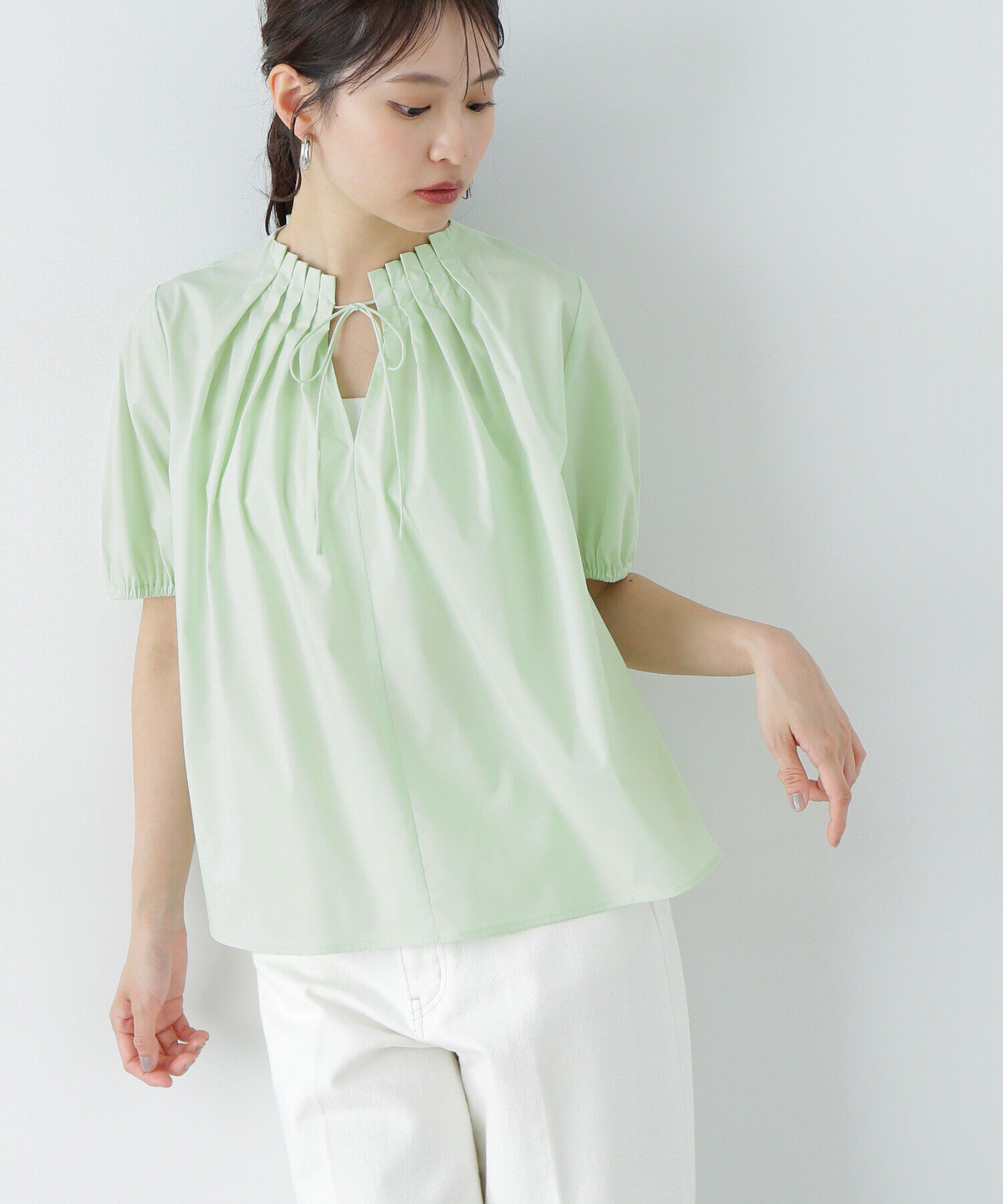  「タックカラーリボンブラウス」|シャツ・ブラウス|ライトグリー